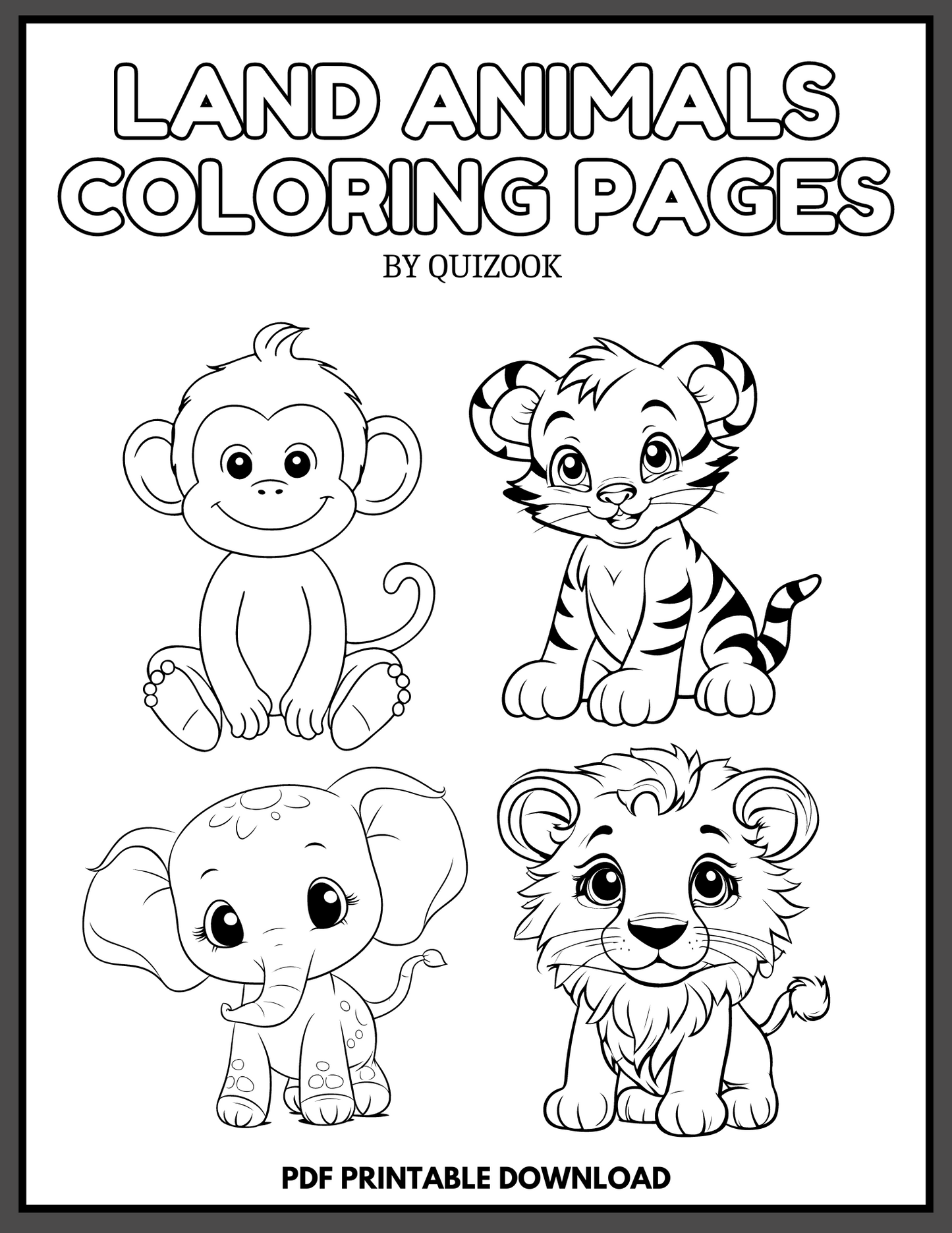 50-Page Land Animals Coloring Book for Kids: Printable PDF