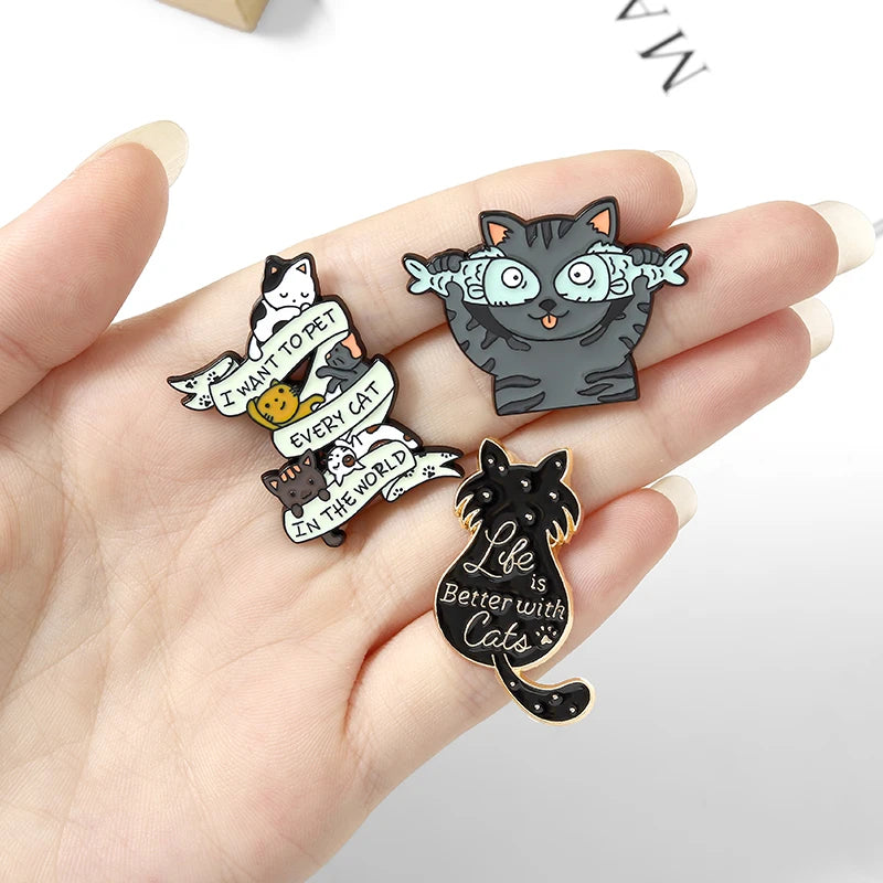 Life is Better with Cats Enamel Pin Cute Cat Fish Coffee Brooch for Bags and Shirts