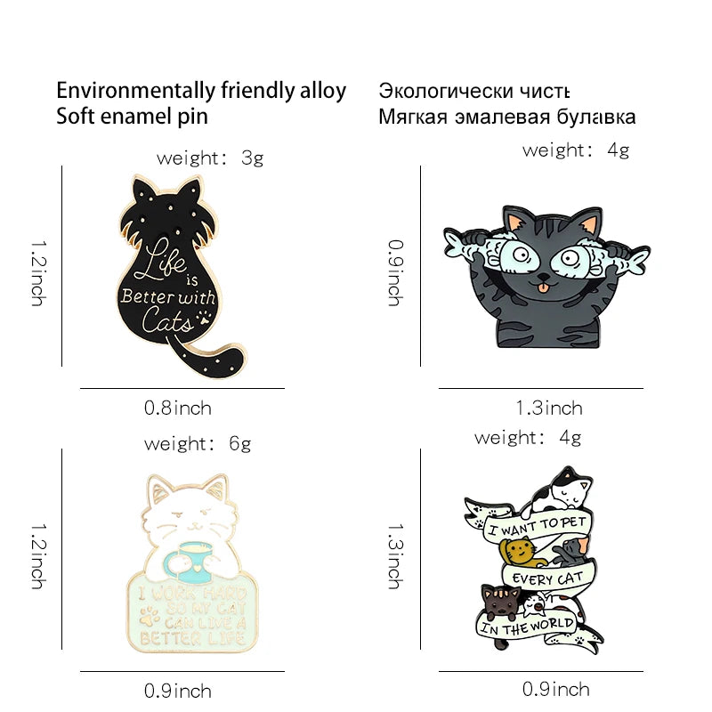 Life is Better with Cats Enamel Pin Cute Cat Fish Coffee Brooch for Bags and Shirts
