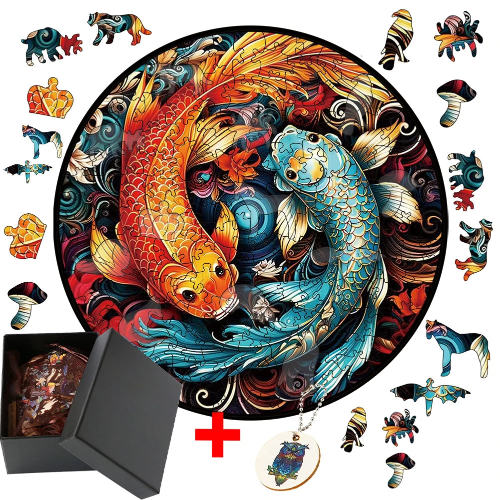 Koi Carp Wooden Puzzle: DIY Animal Jigsaw for Kids and Adults, Educational Family Game