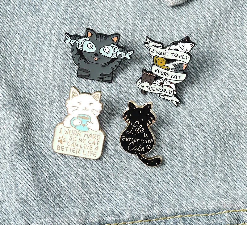 Life is Better with Cats Enamel Pin Cute Cat Fish Coffee Brooch for Bags and Shirts