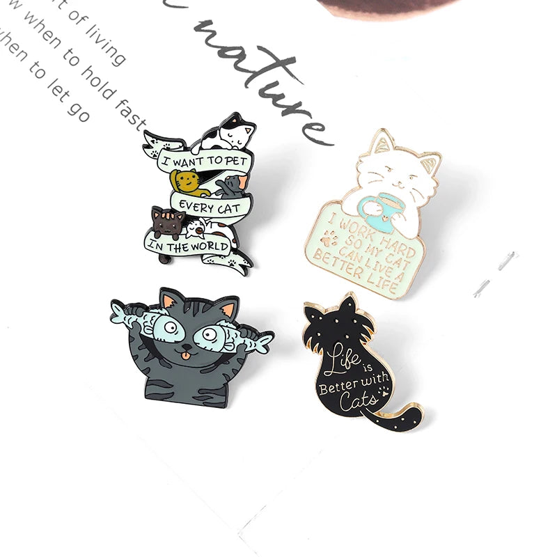 Life is Better with Cats Enamel Pin Cute Cat Fish Coffee Brooch for Bags and Shirts