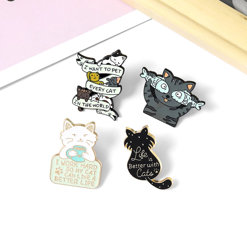 Life is Better with Cats Enamel Pin Cute Cat Fish Coffee Brooch for Bags and Shirts