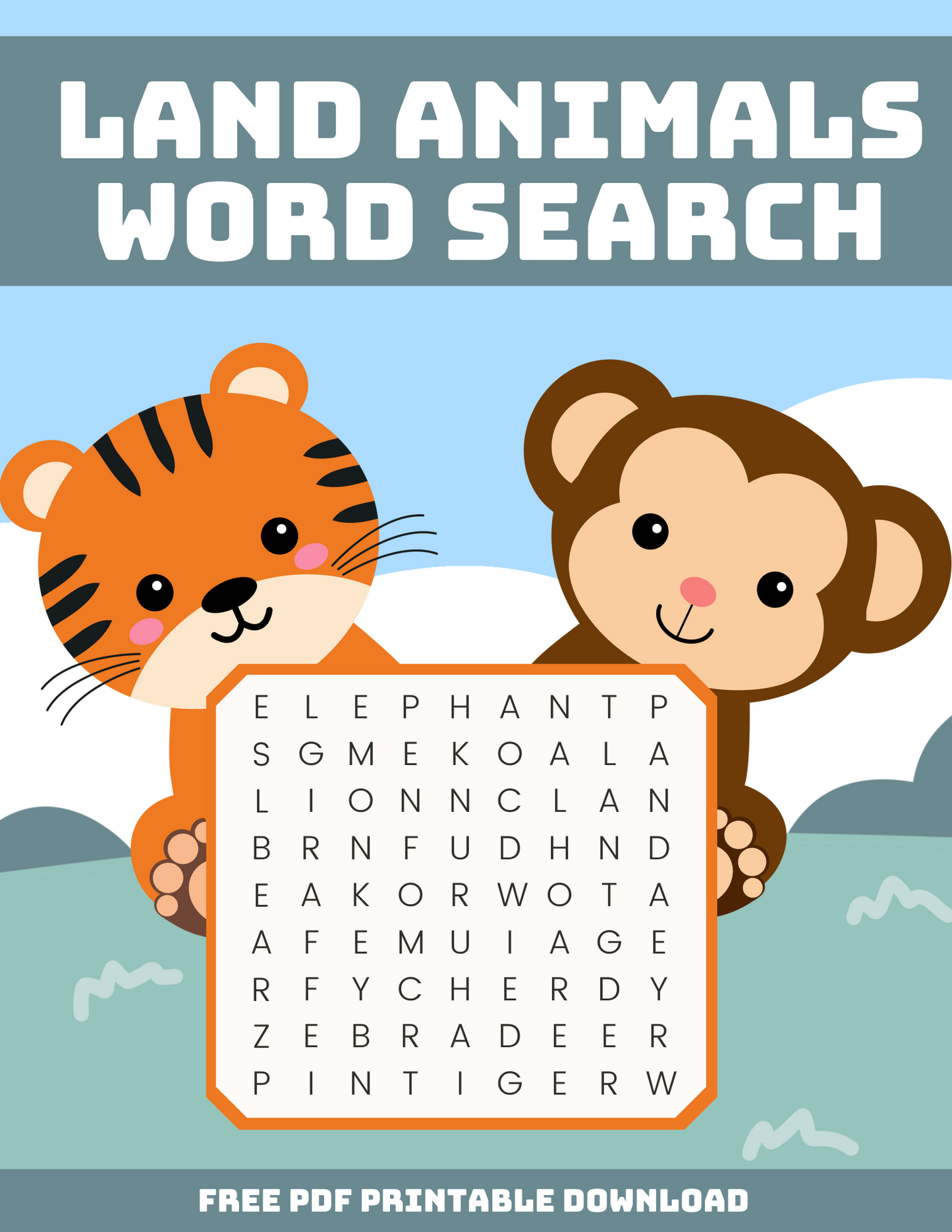 Free Printable Land Animals Word Search Puzzle